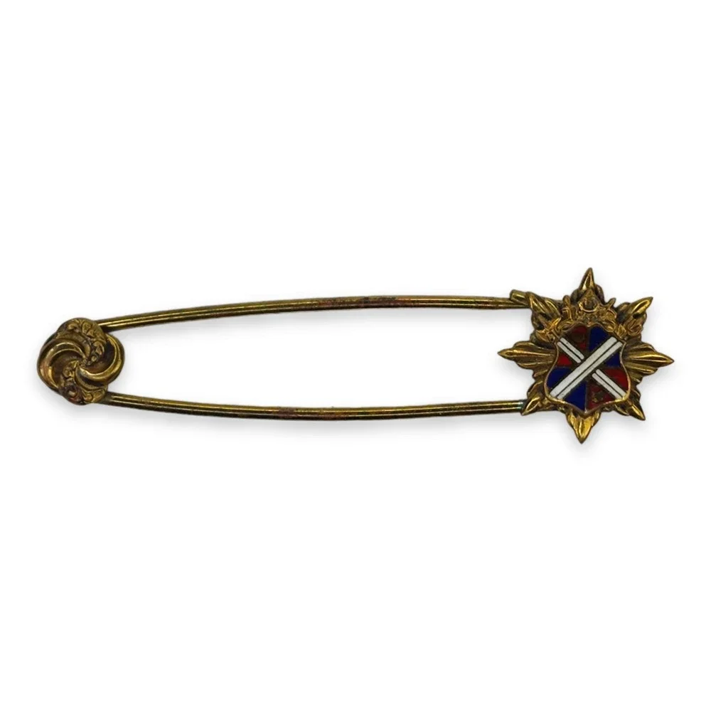 Vintage Gold Tone Kilt Pin Large Safety Pin with Red Blue Coat of Arms